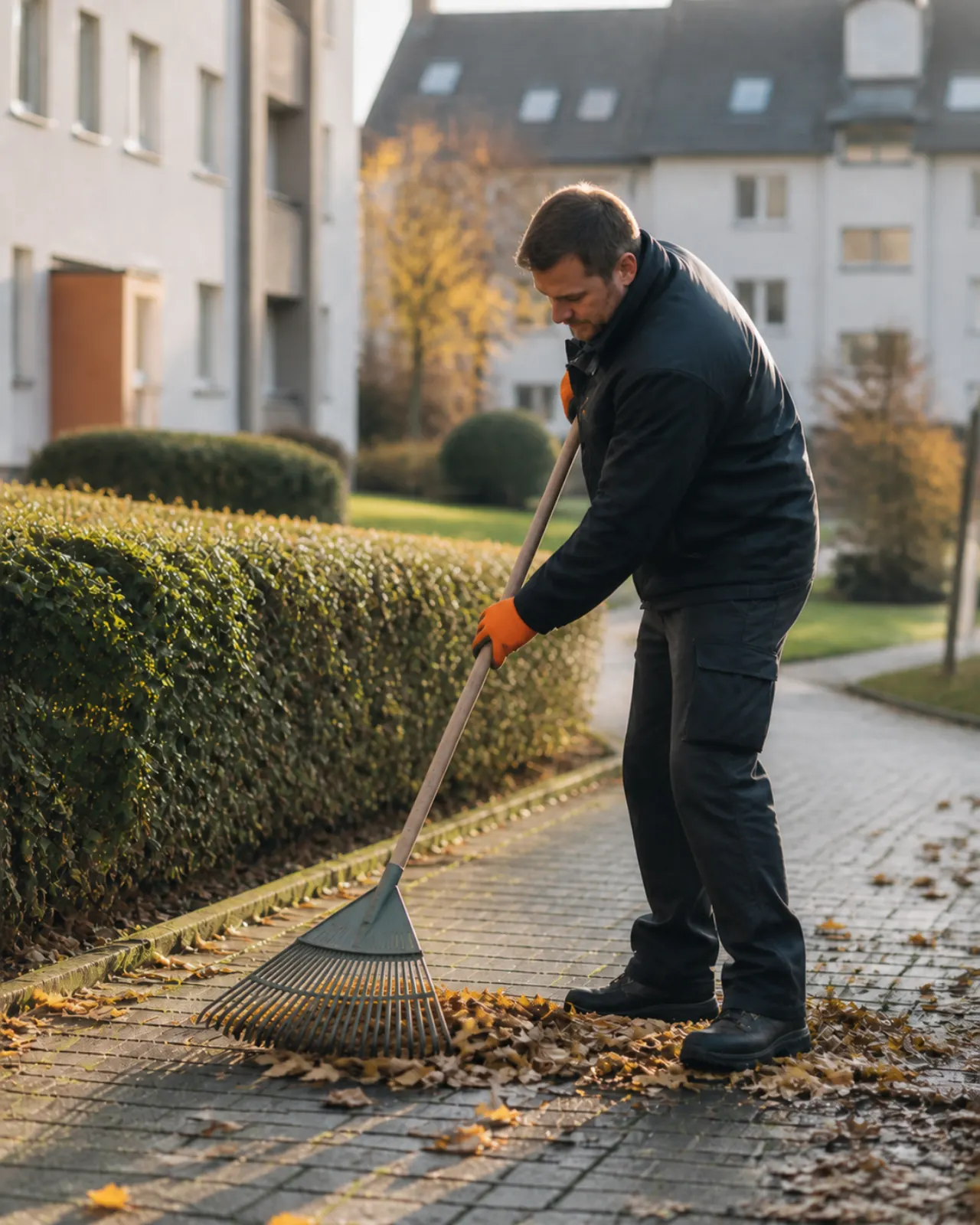 Hausmeister harkt Laub an der Hecke einer gepflegten Wohnanlage